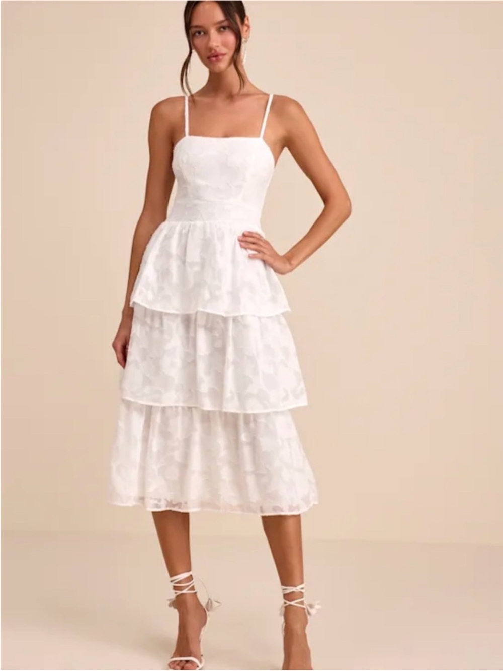 Lulus Bridal White Tiered Lace Maxi Dress with Spaghetti Straps